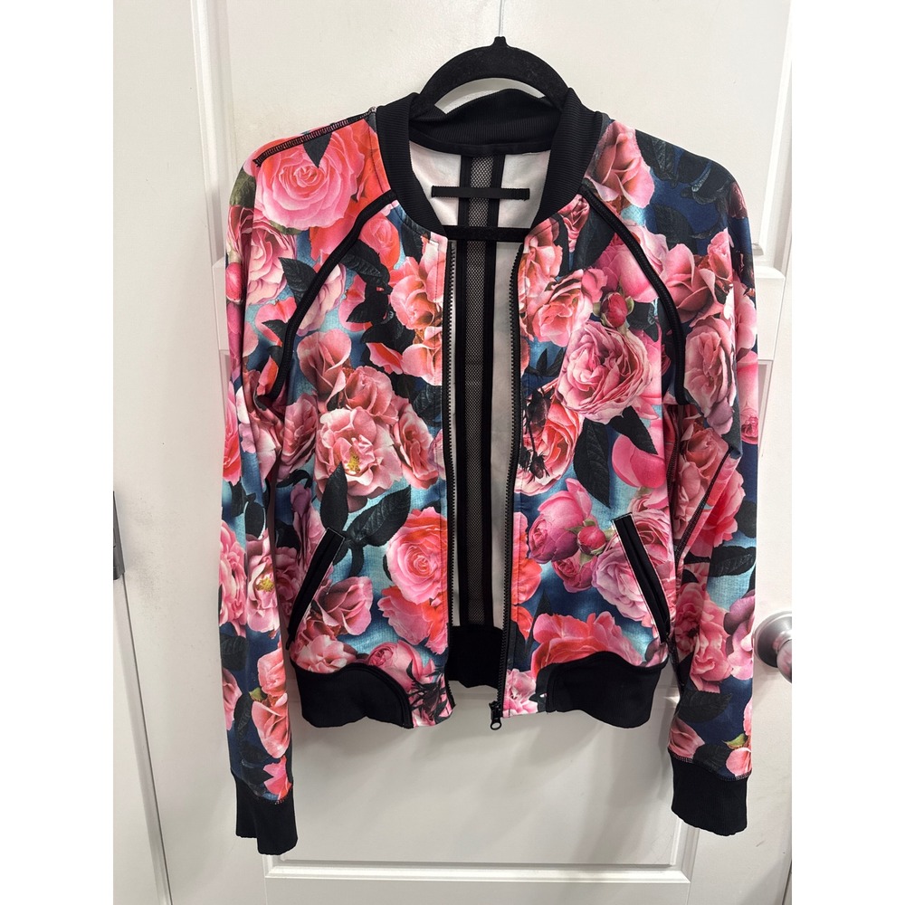 Lululemon Secret Garden Floral Bomber Jacket Pink Rose Mesh Back Full Zip Size 6